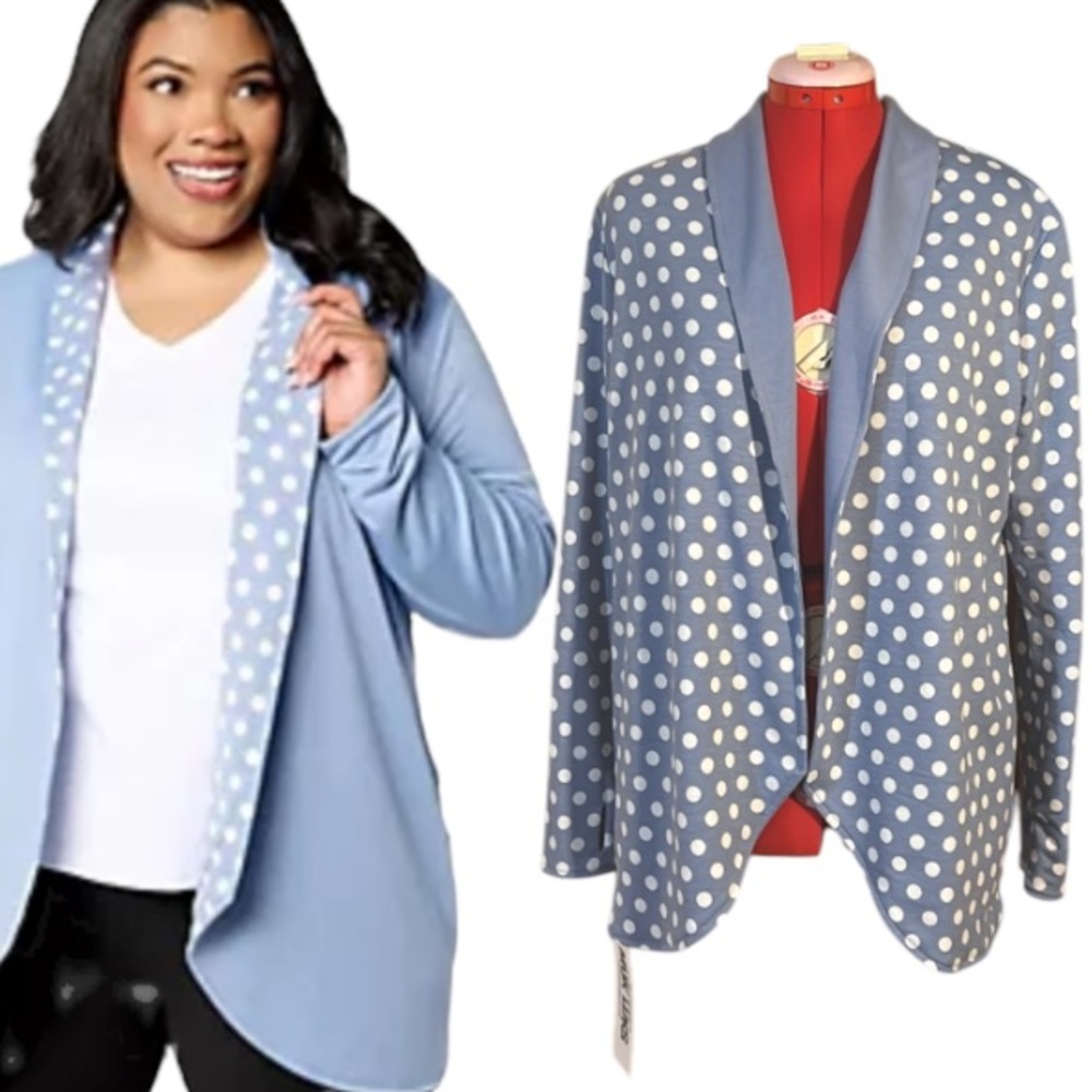 MUK LUKS Light French Terry Reversible Blue Polka Dot 
Cardigan Size Small
